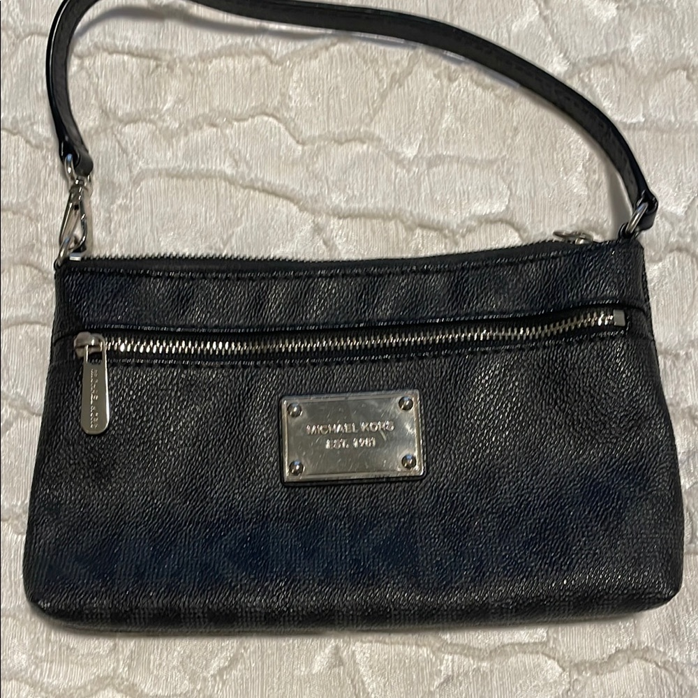 Michael Kors Black Clutch with Textured Leather and Silver Hardware